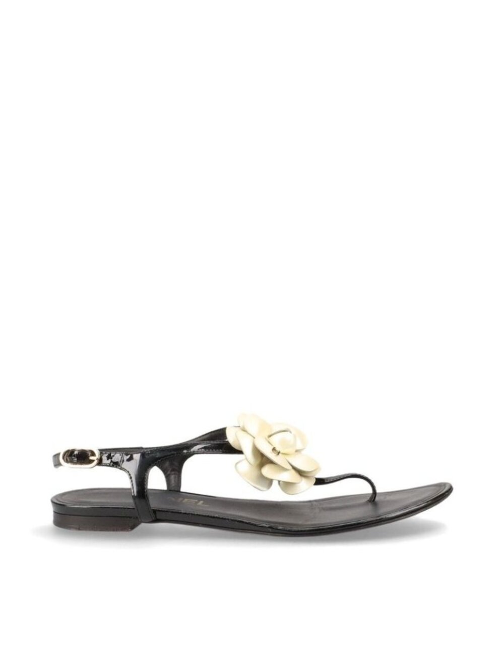 Chanel Coco Mark Camellia Patent Leather Sandals 35 C Black And Ivory - Picture 5 of 15